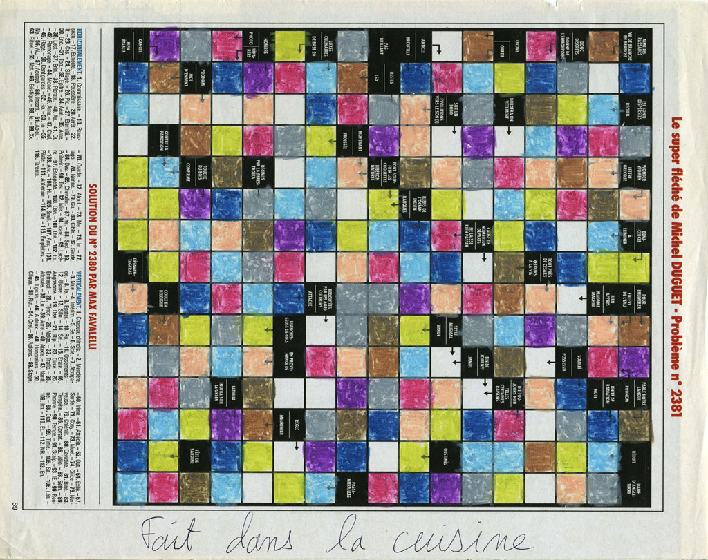 Claude Closky, ‘Fait dans la cuisine [done in the kitchen] (crossword puzzle n° 2381)’, 1996, pastel and ballpoint on newspaper, 23,2 x 29,5 cm.